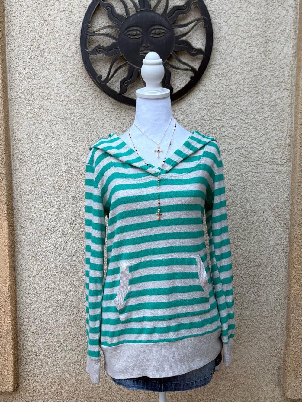 Eye Candy Teal Striped Hoodie Long Sleeve Sweater Top Preppy Nautical Y2K